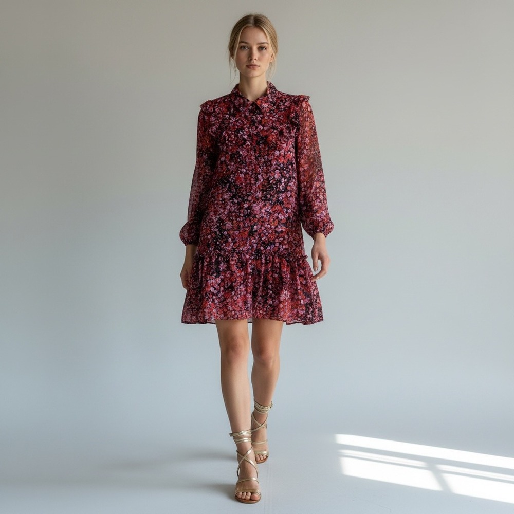 Julia Jordan Floral Ruffle Long Sleeve Chiffon Shirtdress Multi Maxi Mini 8 Tier